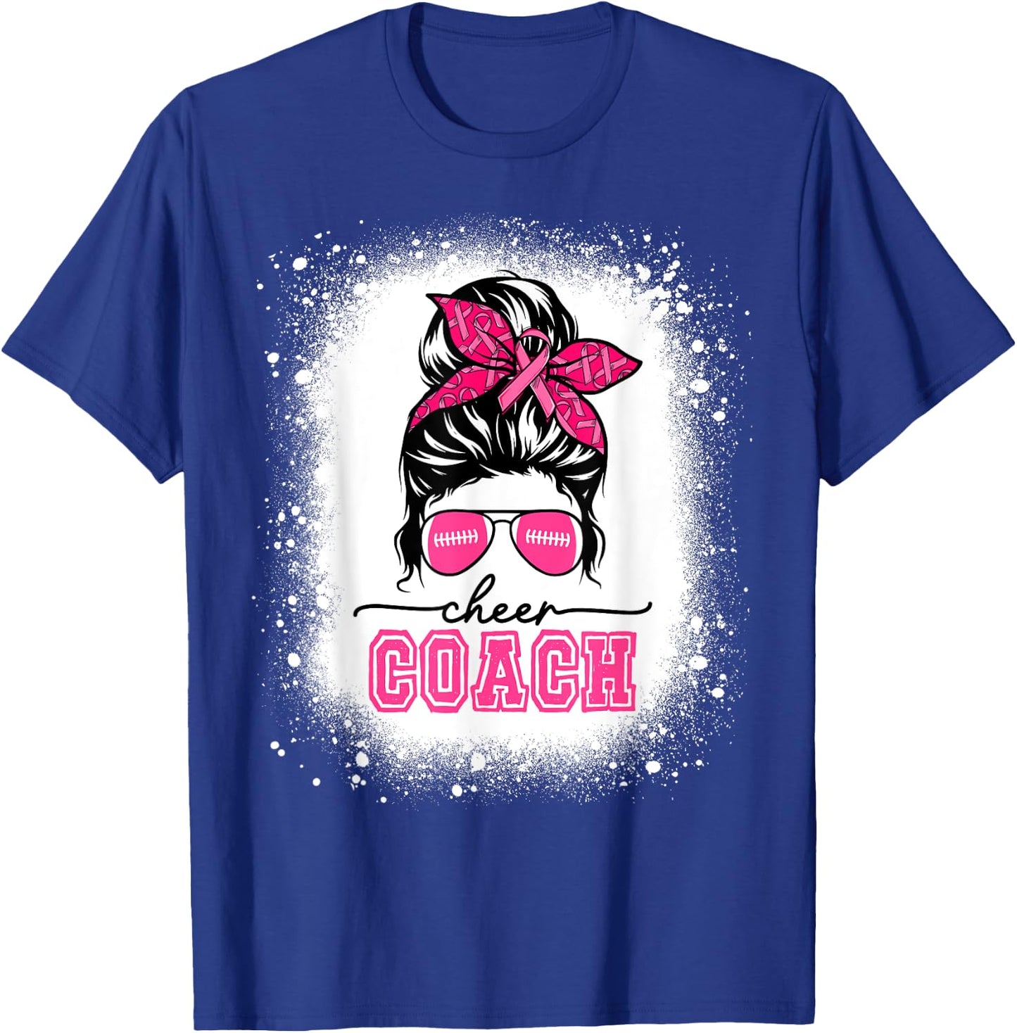 Football Messy Bun Mom Cheer Coach Breast Cancer Bleached T-Shirt - T-Shirt | Royal