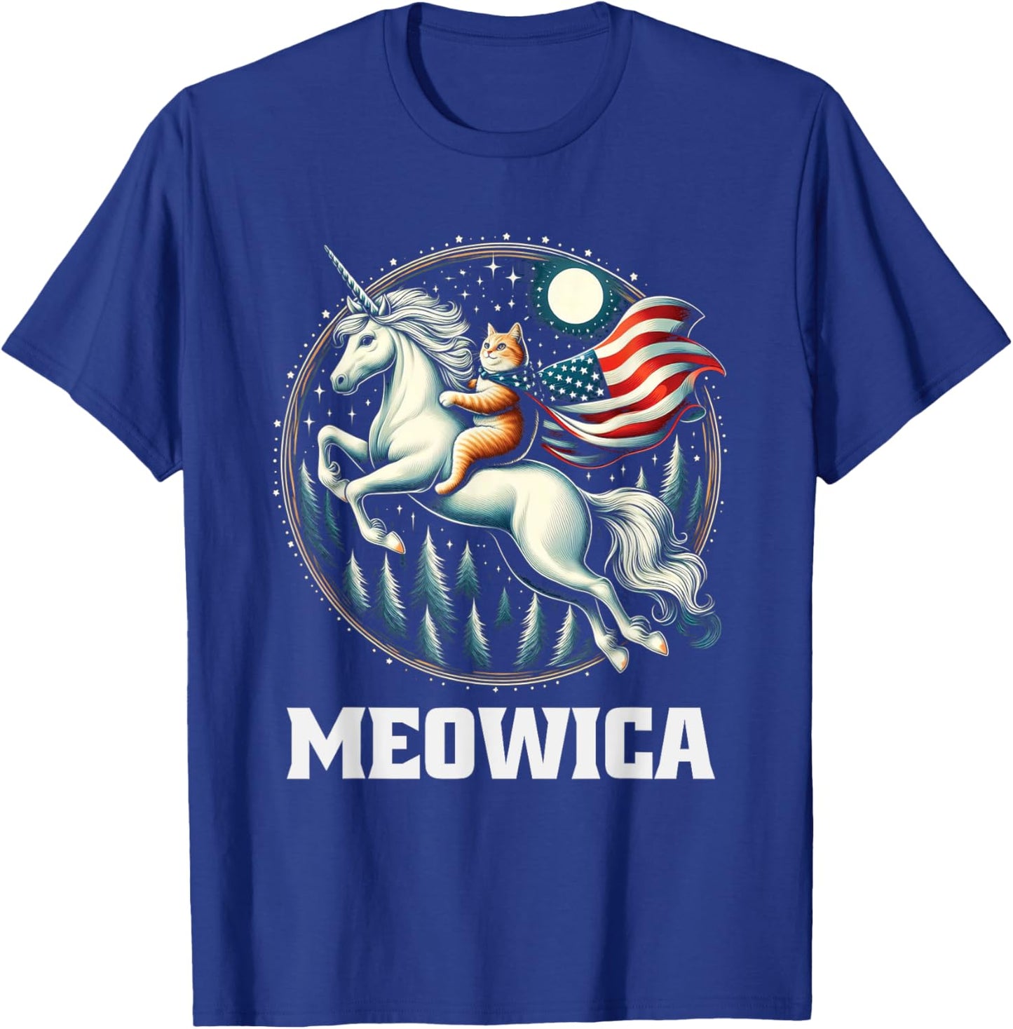 Meowica Cat Riding Unicorn USA Flag 4th Of July Patriotic T-Shirt - T-Shirt | Royal
