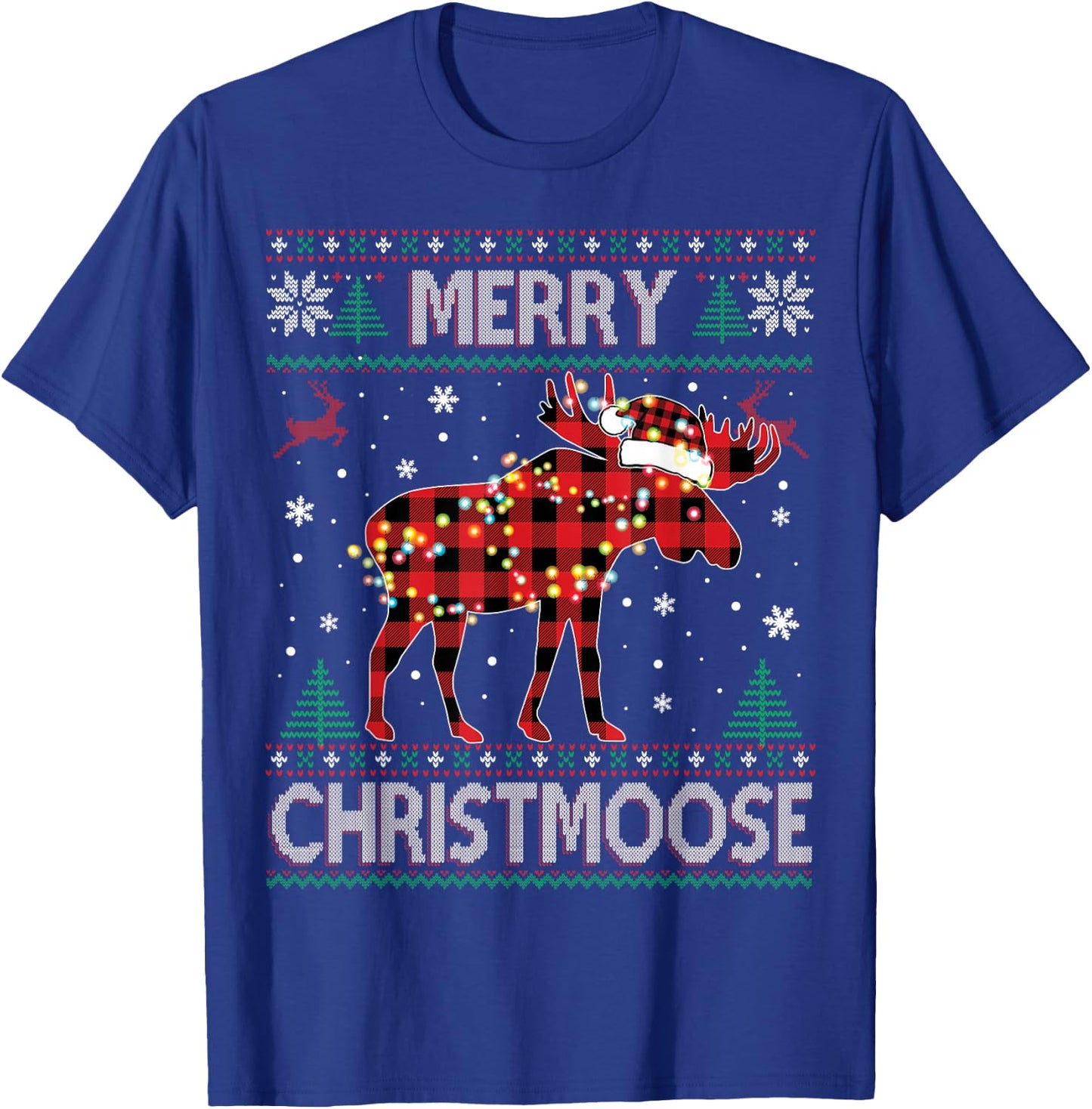 Merry Christmoose Christmas Moose Red Plaid Ugly Sweater T-Shirt - T-Shirt | Royal