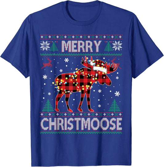 Merry Christmoose Christmas Moose Red Plaid Ugly Sweater T-Shirt - T-Shirt | Royal
