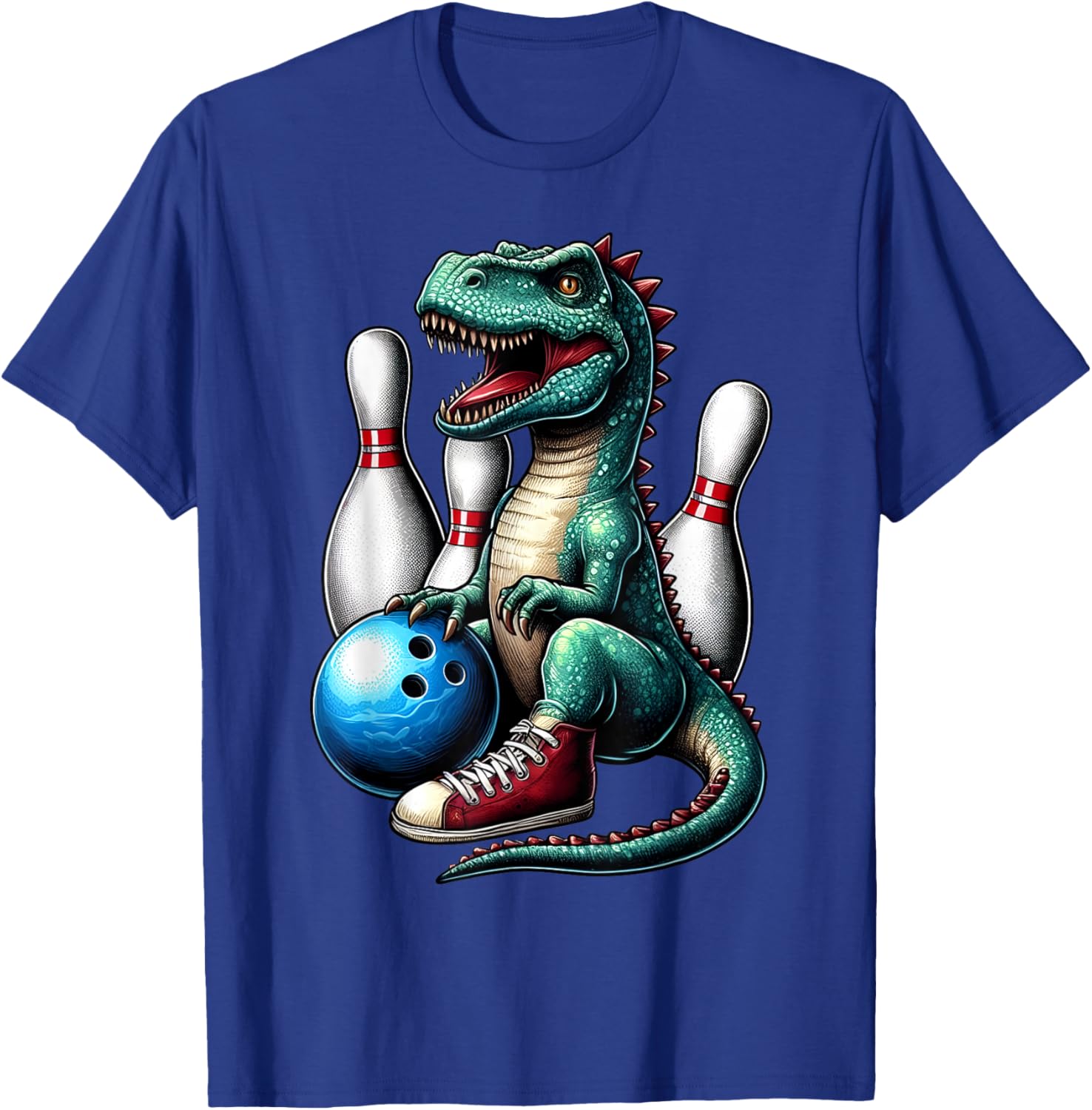 Dinosaur Bowling Ball Graphic Funny Dino Bowler Kids Adults T-Shirt - T-Shirt | Royal