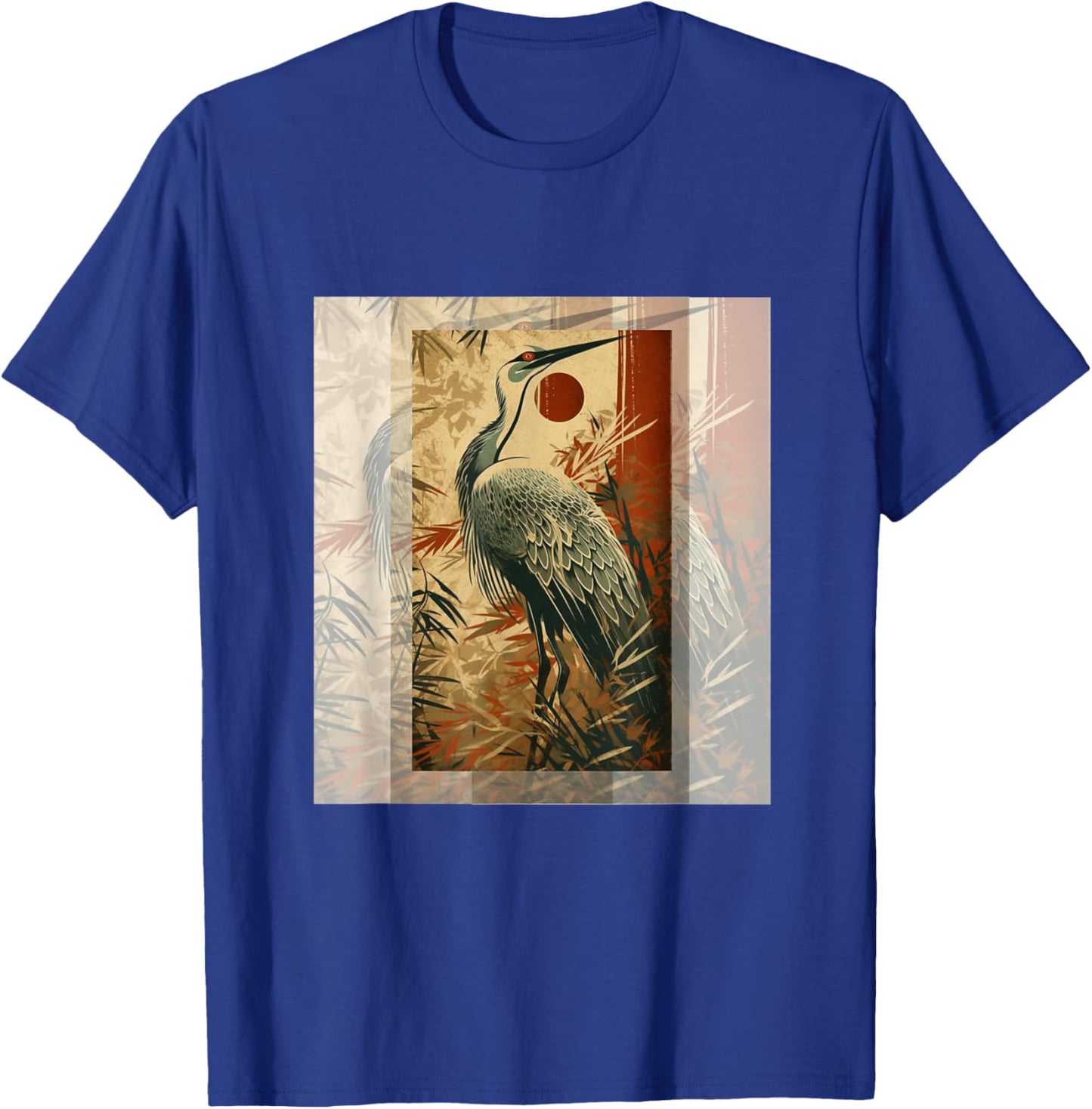 Vintage Japanese Fine Art Crane Bamboo and Iris Japan T-Shirt - T-Shirt | Royal