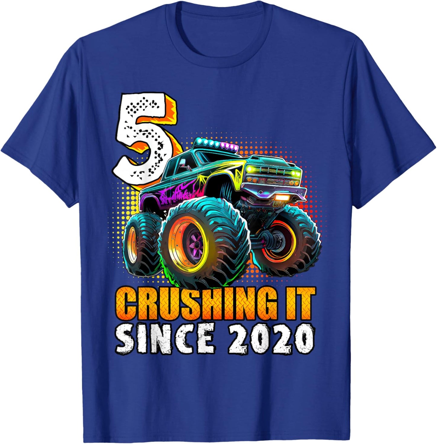 Birthday Monster Truck 5 year Old Boys 5th Party Born 2020 T-Shirt - T-Shirt | Royal