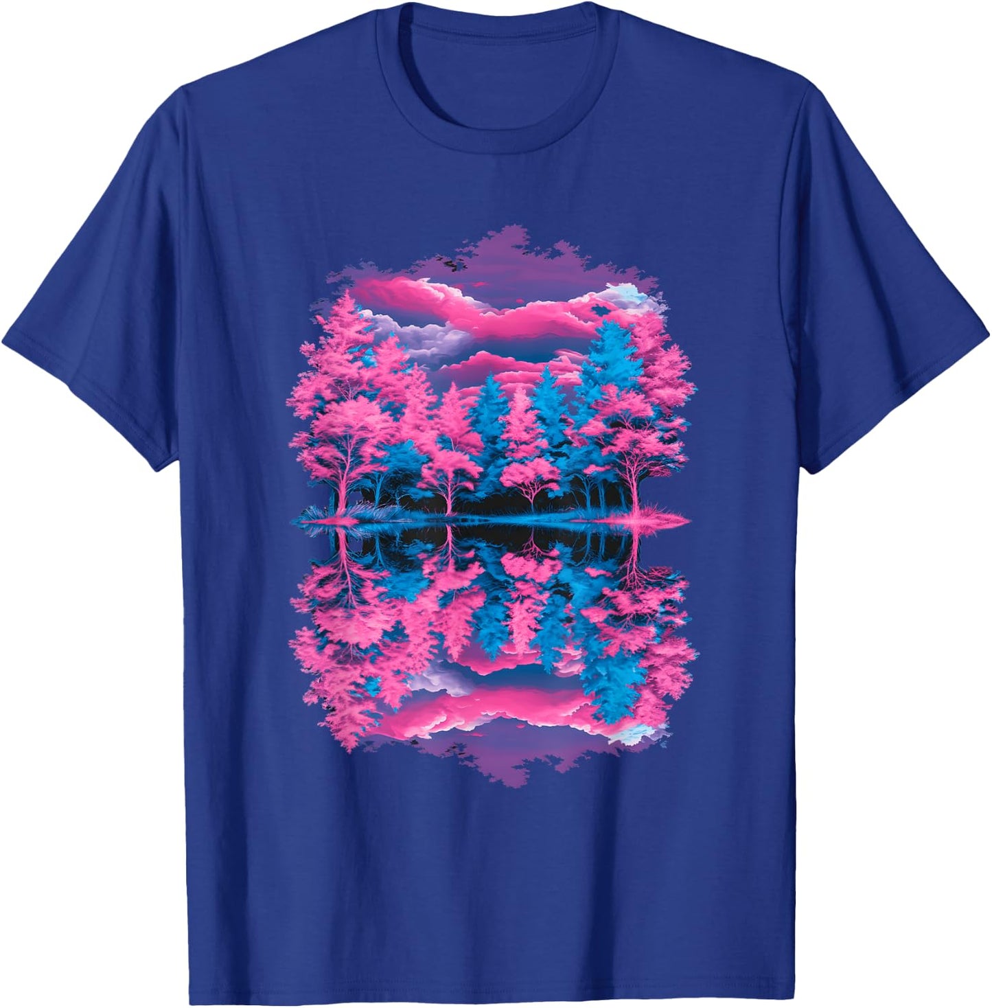 Pink Blue Vaporwave Retro Trees Reflection Serene Lake Art T-Shirt - T-Shirt | Royal
