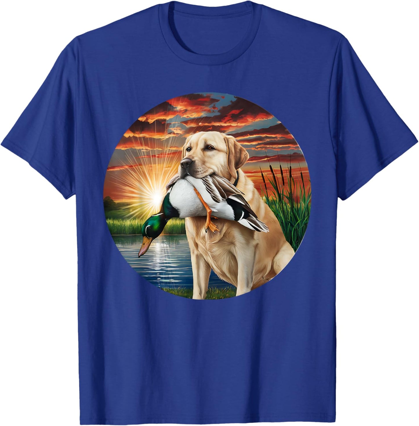 A Hunting Labrador Retriever dog with a duck in the sunset. Women T-Shirt - T-Shirt | Royal