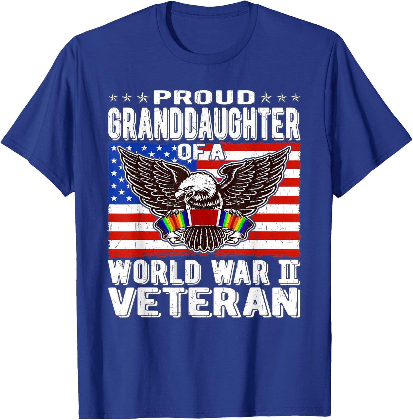 Proud Granddaughter Of A World War 2 Veteran WW2 Ribbon Gift Women Kids Men T-Shirt - T-Shirt | Royal