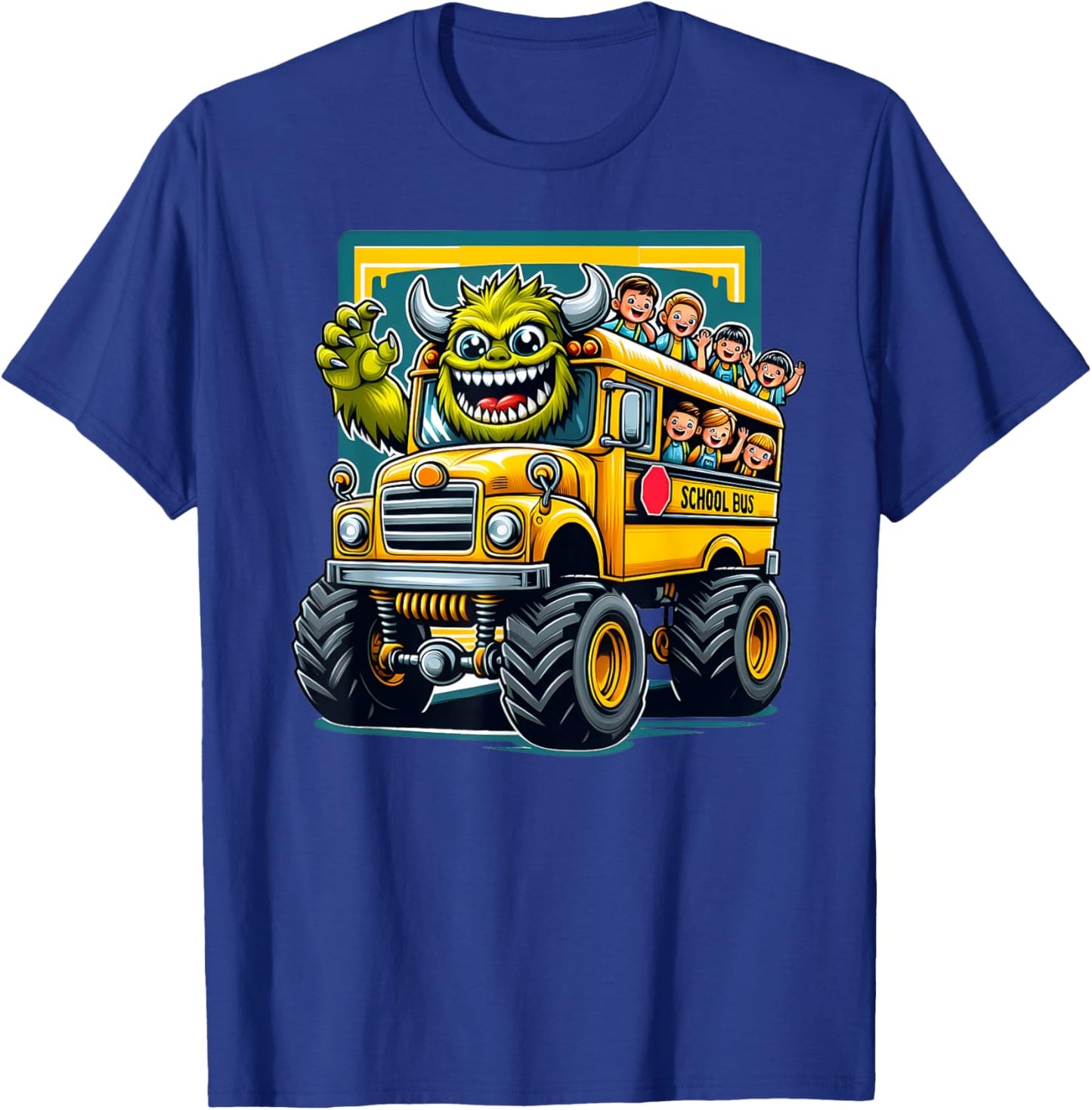 Monster Truck School Bus Illustration Funny Back To School T-Shirt - T-Shirt | Royal