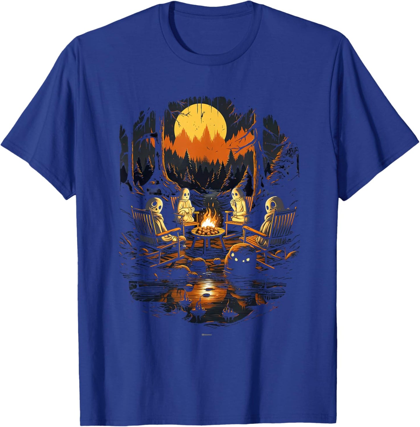 Vintage Ghost and Skeleton by Fire Camping Gothic Halloween T-Shirt - T-Shirt | Royal