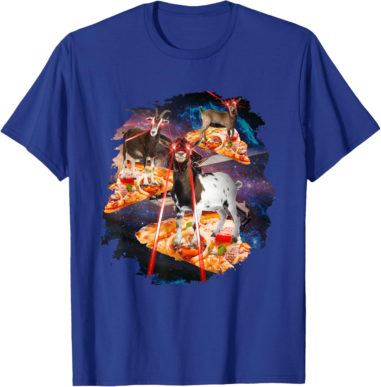 Goat with laser eyes, goats, house goat, laser space, pizza T-Shirt - T-Shirt | Royal