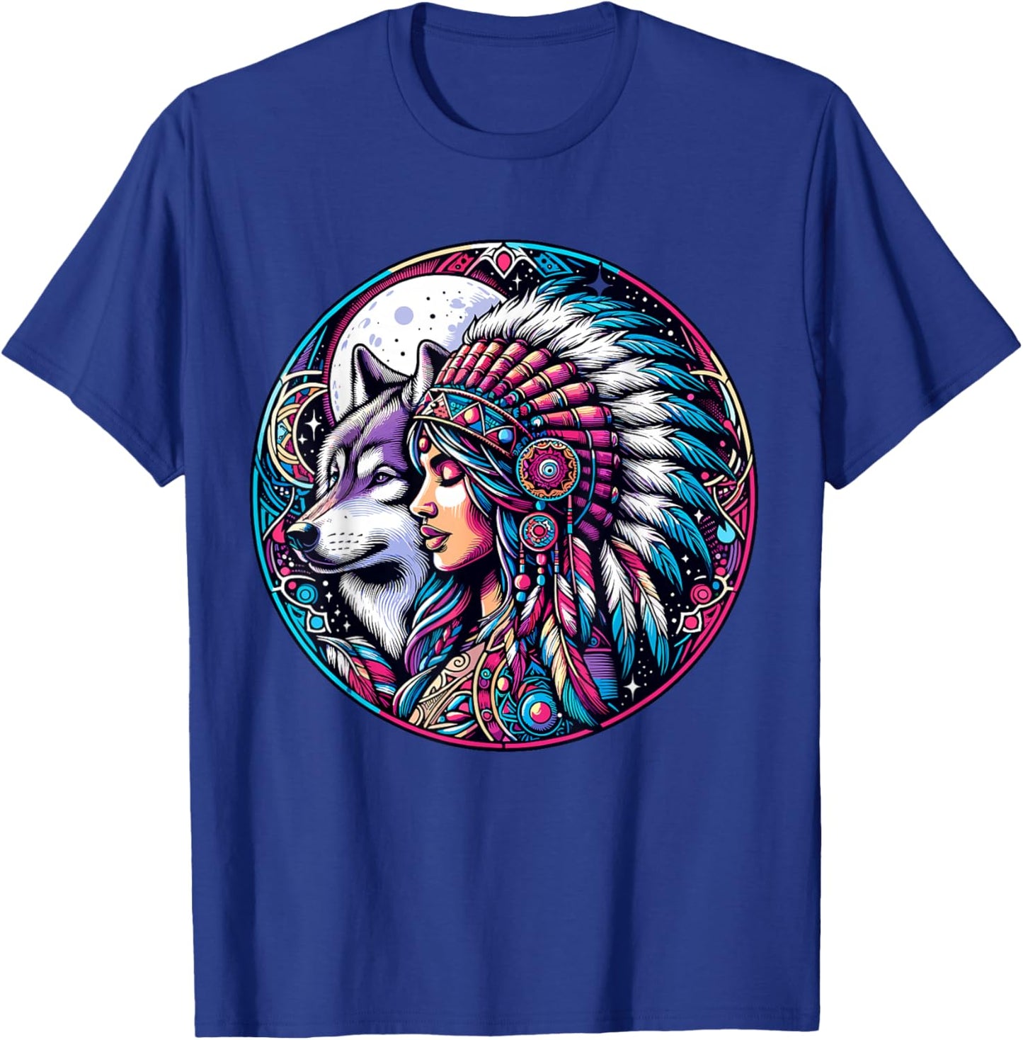 Native American Totem Woman and Wolf T-Shirt - T-Shirt | Royal
