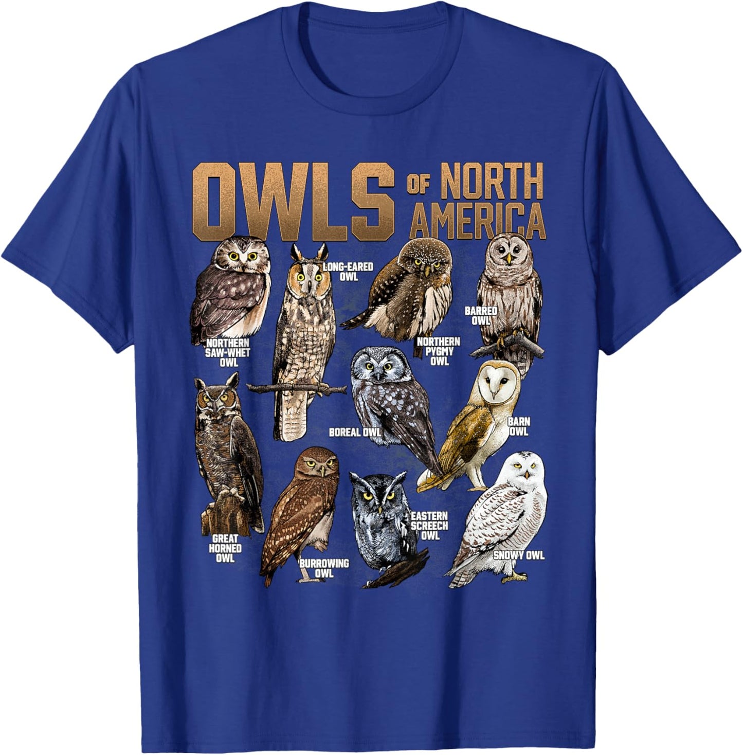 Owls of North America Nocturnal Animal Bird Lover Owl Lover T-Shirt - T-Shirt | Royal