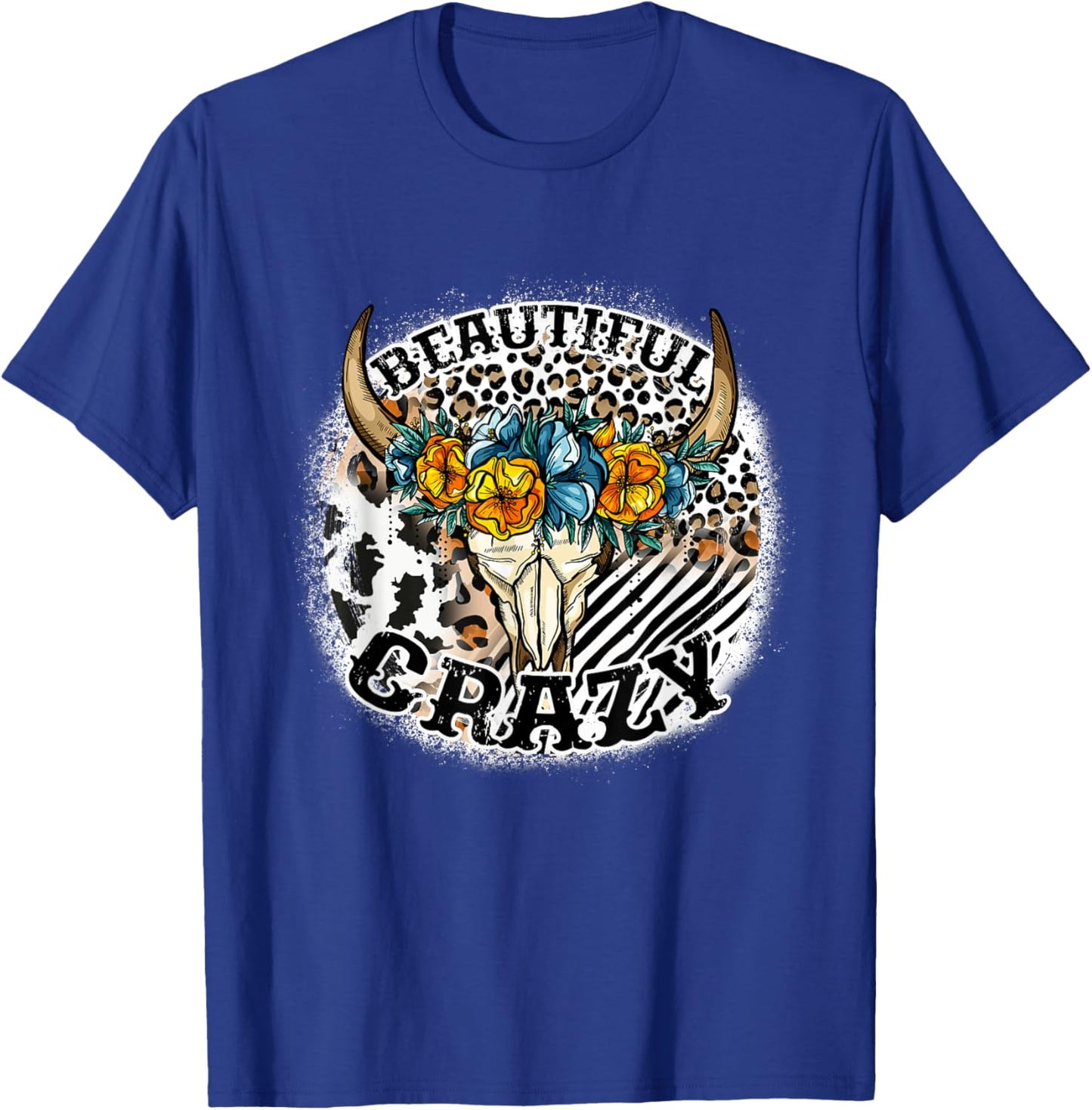 Beautiful Bull Skull Flower Crazy Cow Skull Leopard-Print T-Shirt - T-Shirt | Royal
