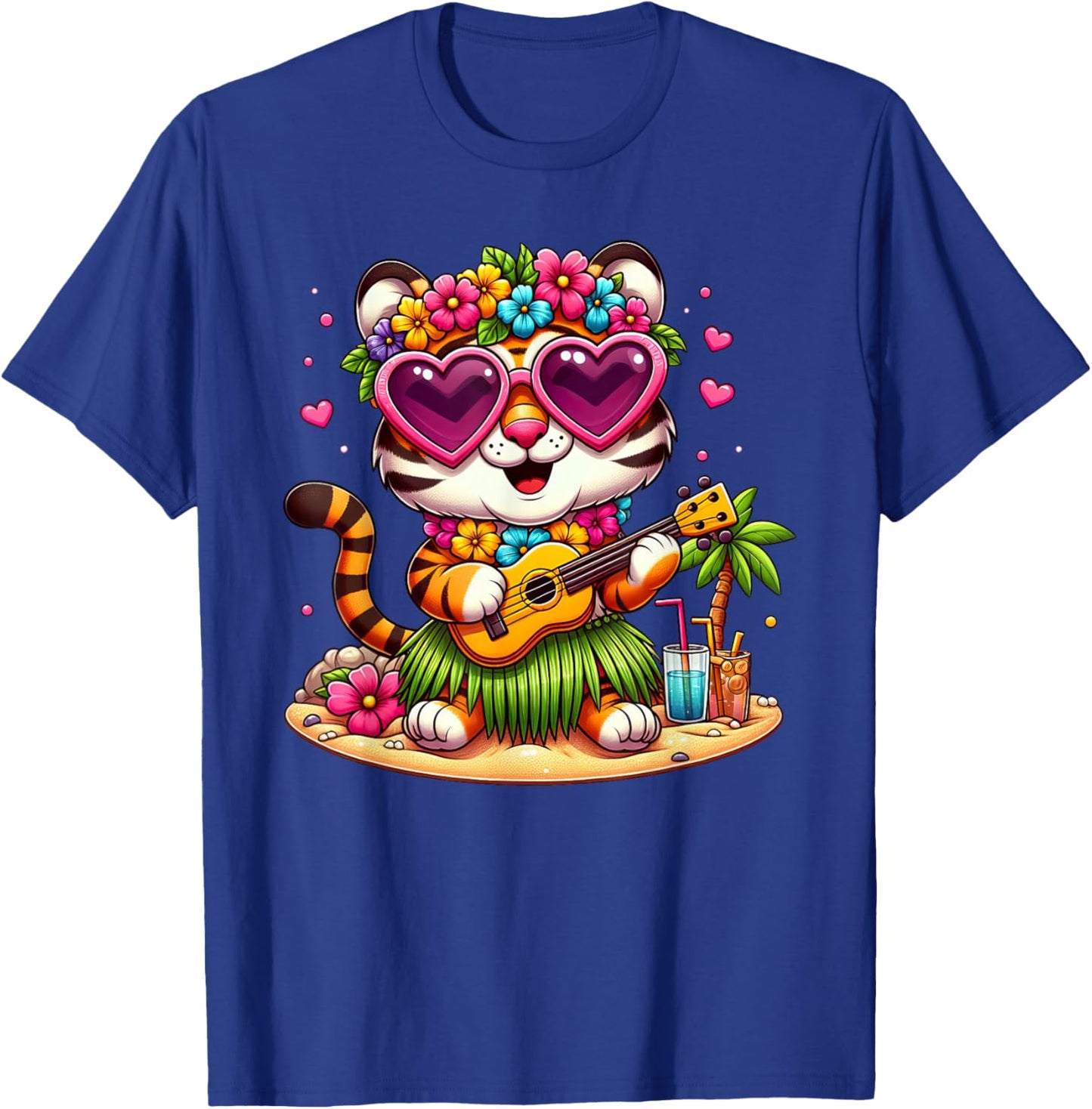Funny Tiger Hawaiian Costume Kids Summer Vacation Tiger T-Shirt - T-Shirt | Royal