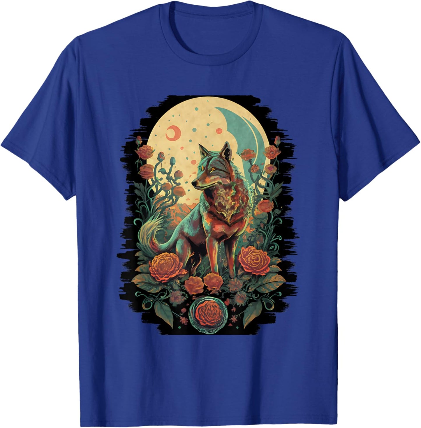 Botanical Wolf Women Roses Full Moon Children Floral Wolf T-Shirt - T-Shirt | Royal