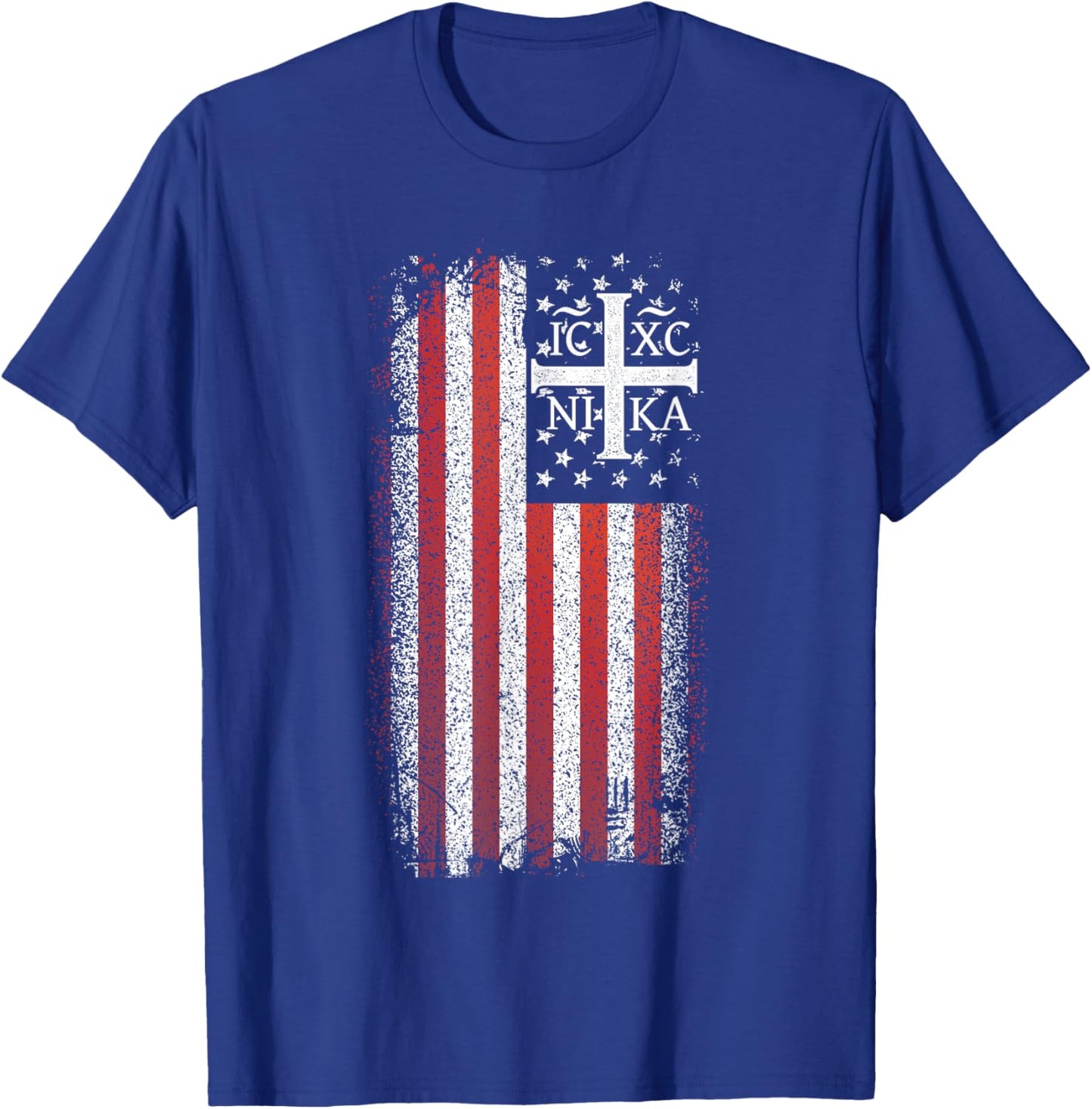 ICXC NIKA Christogram Cross American Flag Christian T-Shirt - T-Shirt | Royal