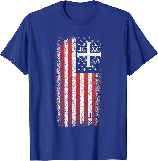 ICXC NIKA Christogram Cross American Flag Christian T-Shirt - T-Shirt | Royal