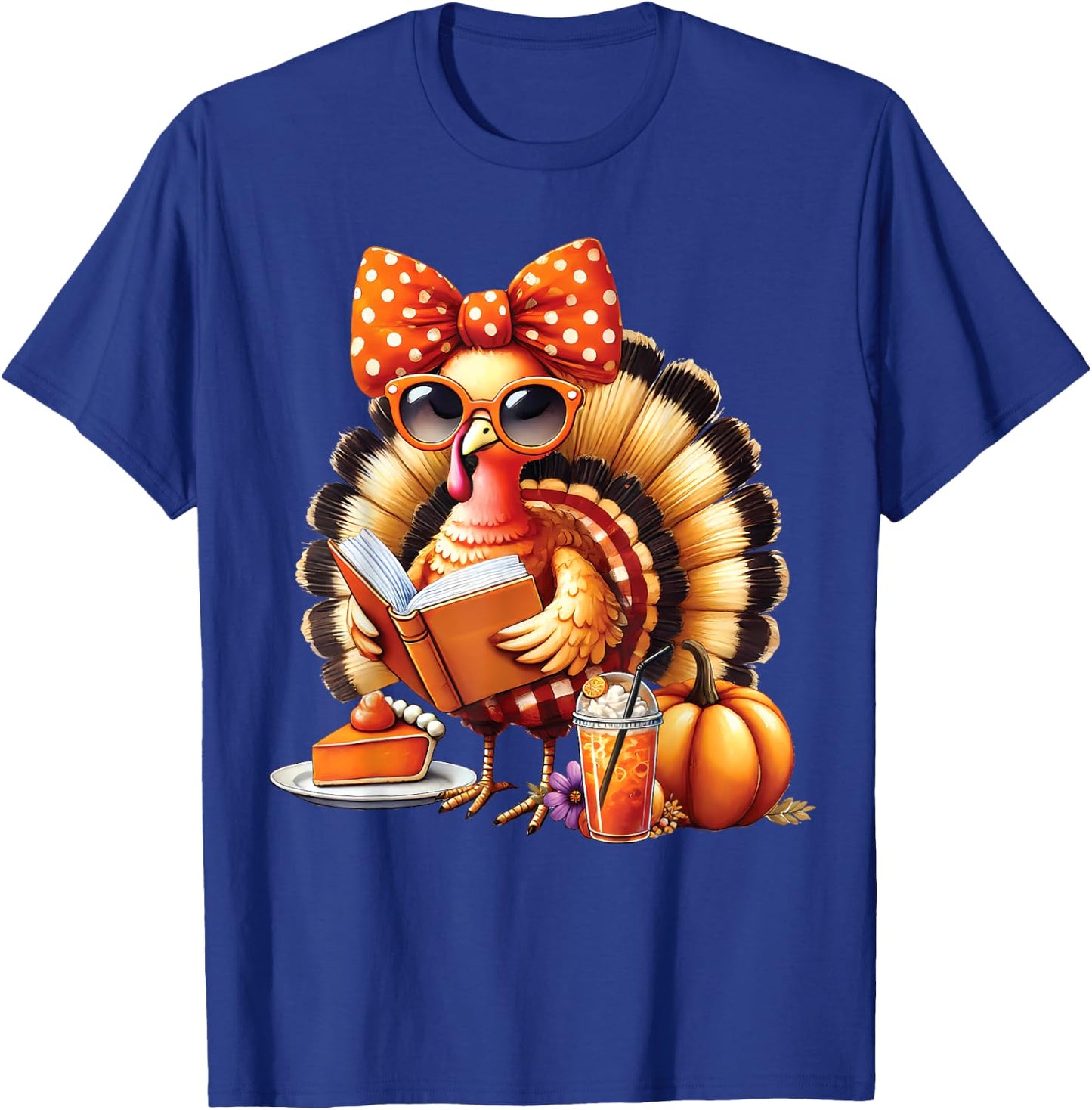 Cute Turkey Reading Book Lovers Thanksgiving Bow T-Shirt - T-Shirt | Royal