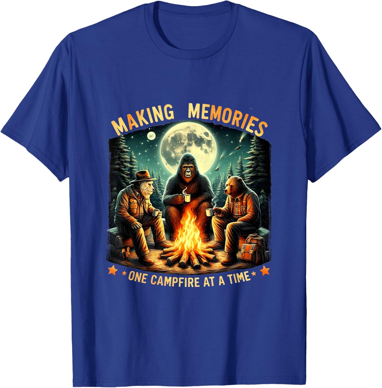 Retro Making Memories One Campfire At A Time Bigfoot Camping T-Shirt - T-Shirt | Royal