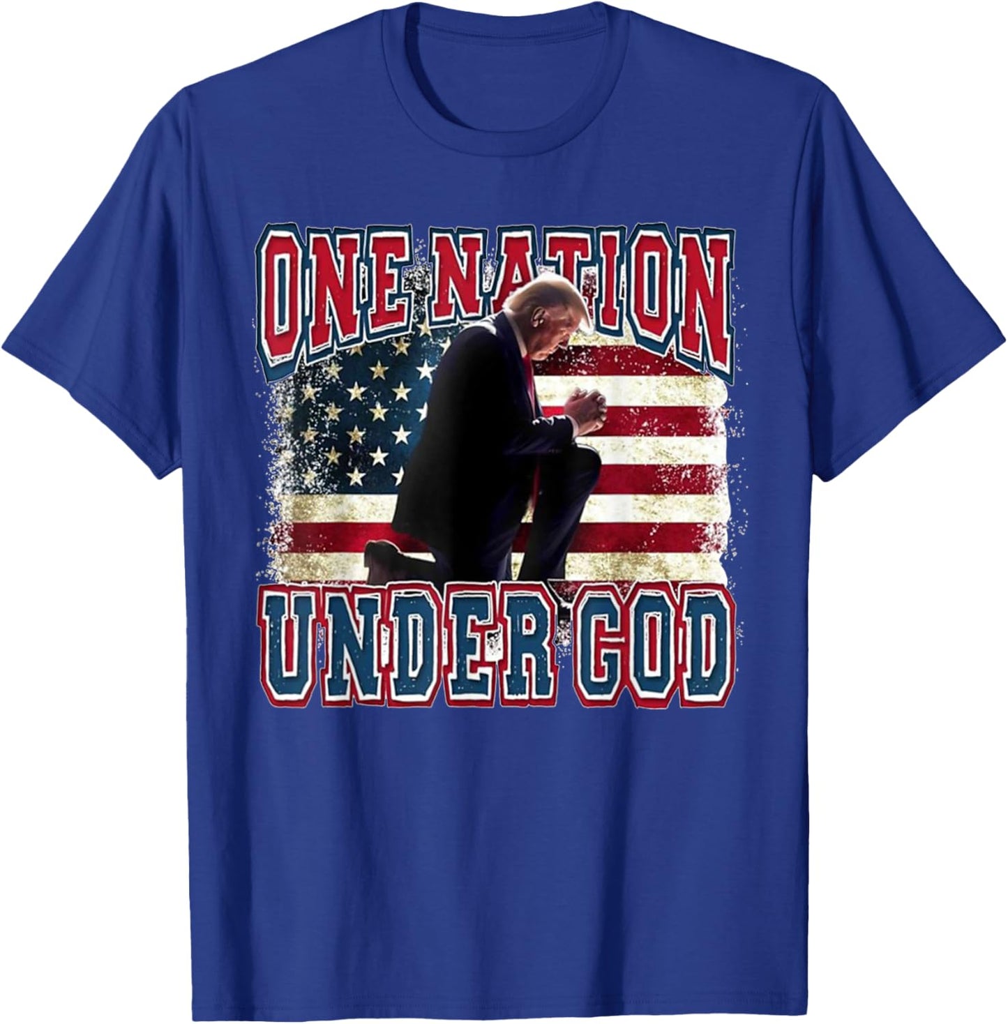 One Nation Under God Trump Pray Jesus USA Flag Distressed T-Shirt - T-Shirt | Royal
