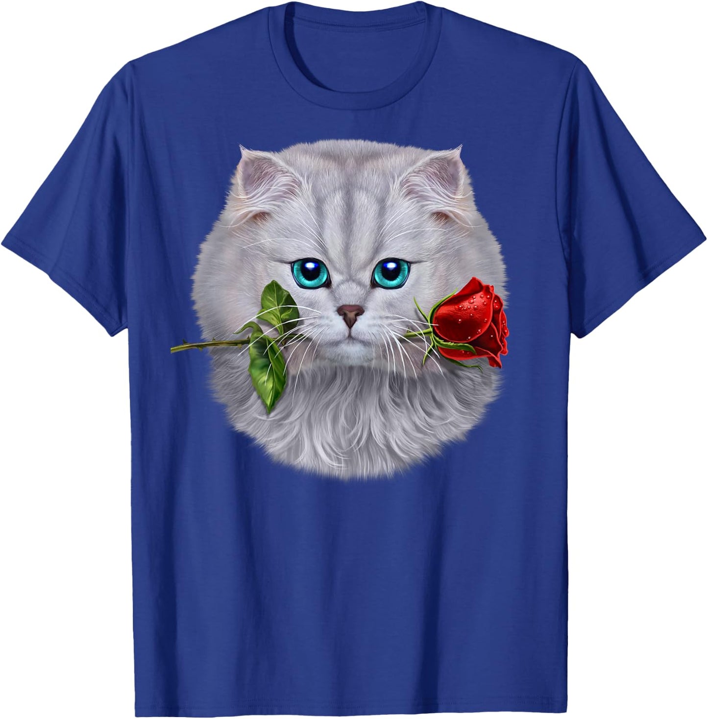Romantic Fluffy White Cat Biting on a Rose Flower T-Shirt - T-Shirt | Royal
