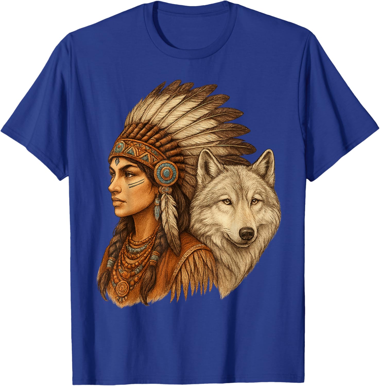 Indian Native American Woman with White Wolf Vitage T-Shirt - T-Shirt | Royal
