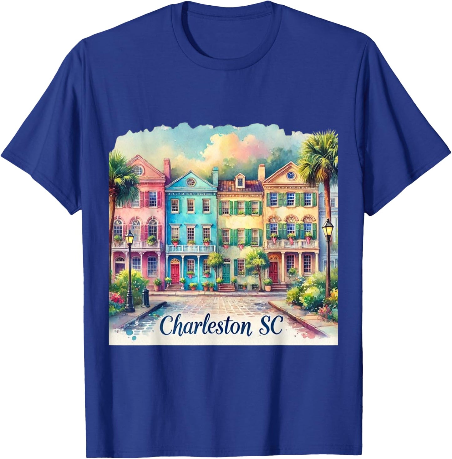 Charleston SC Rainbow Row Colorful Houses T-Shirt - T-Shirt | Royal