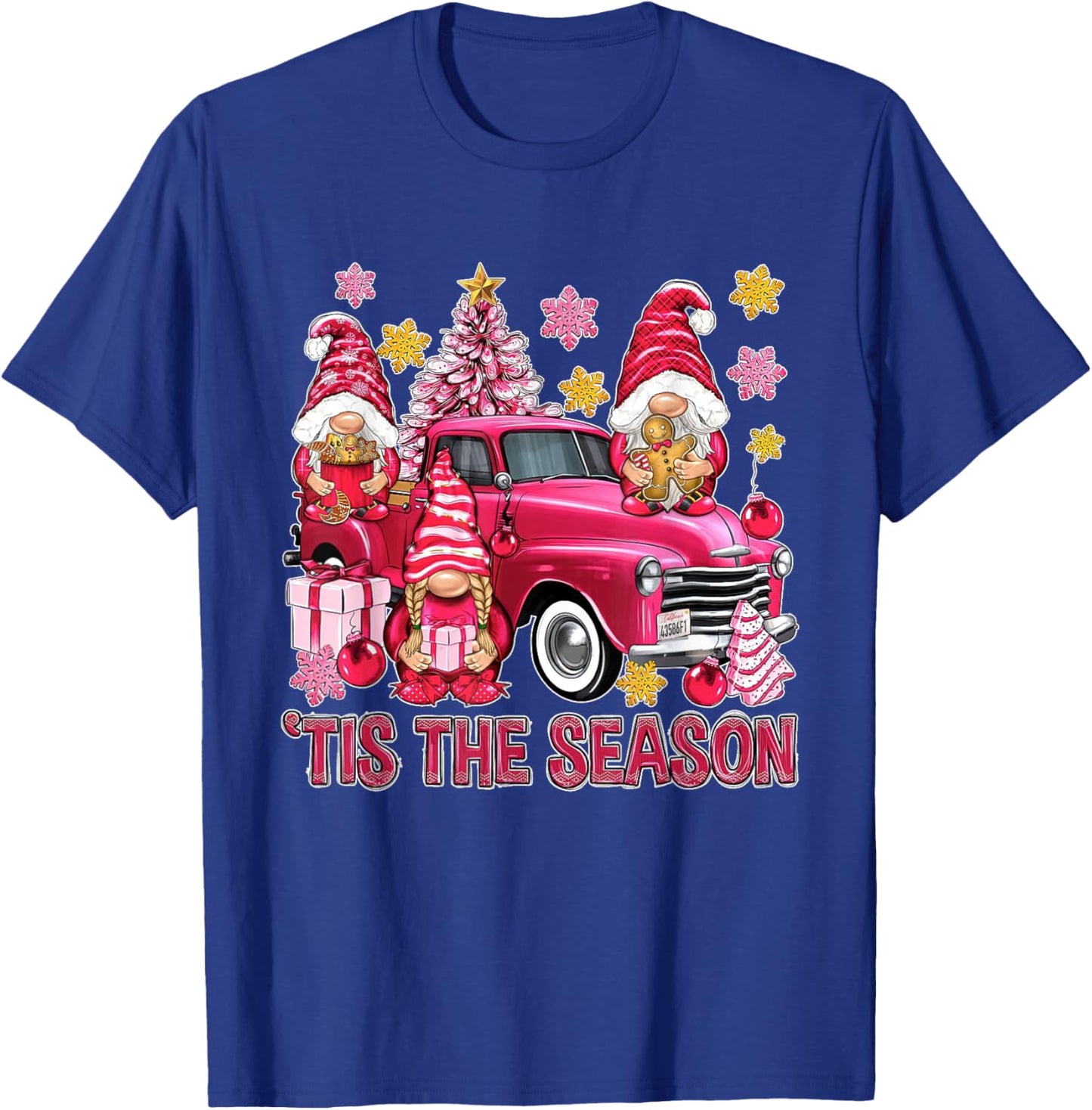 Tis The Season Pink Christmas Gnomes Pink Truck Xmas Holiday T-Shirt - T-Shirt | Royal