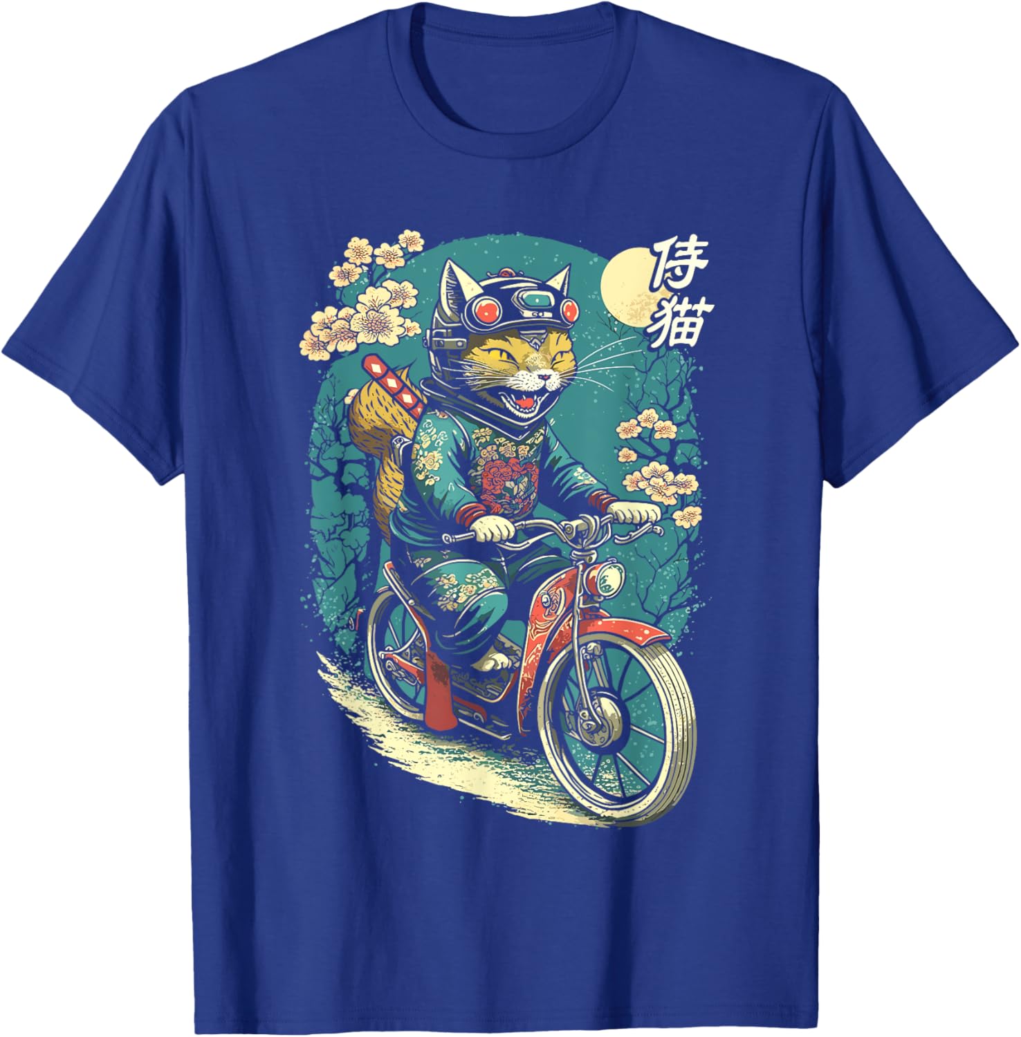 Japanese Samurai Cat on Motorcycle Kawaii Ninja Cat Men Women Kids T-Shirt - T-Shirt | Royal