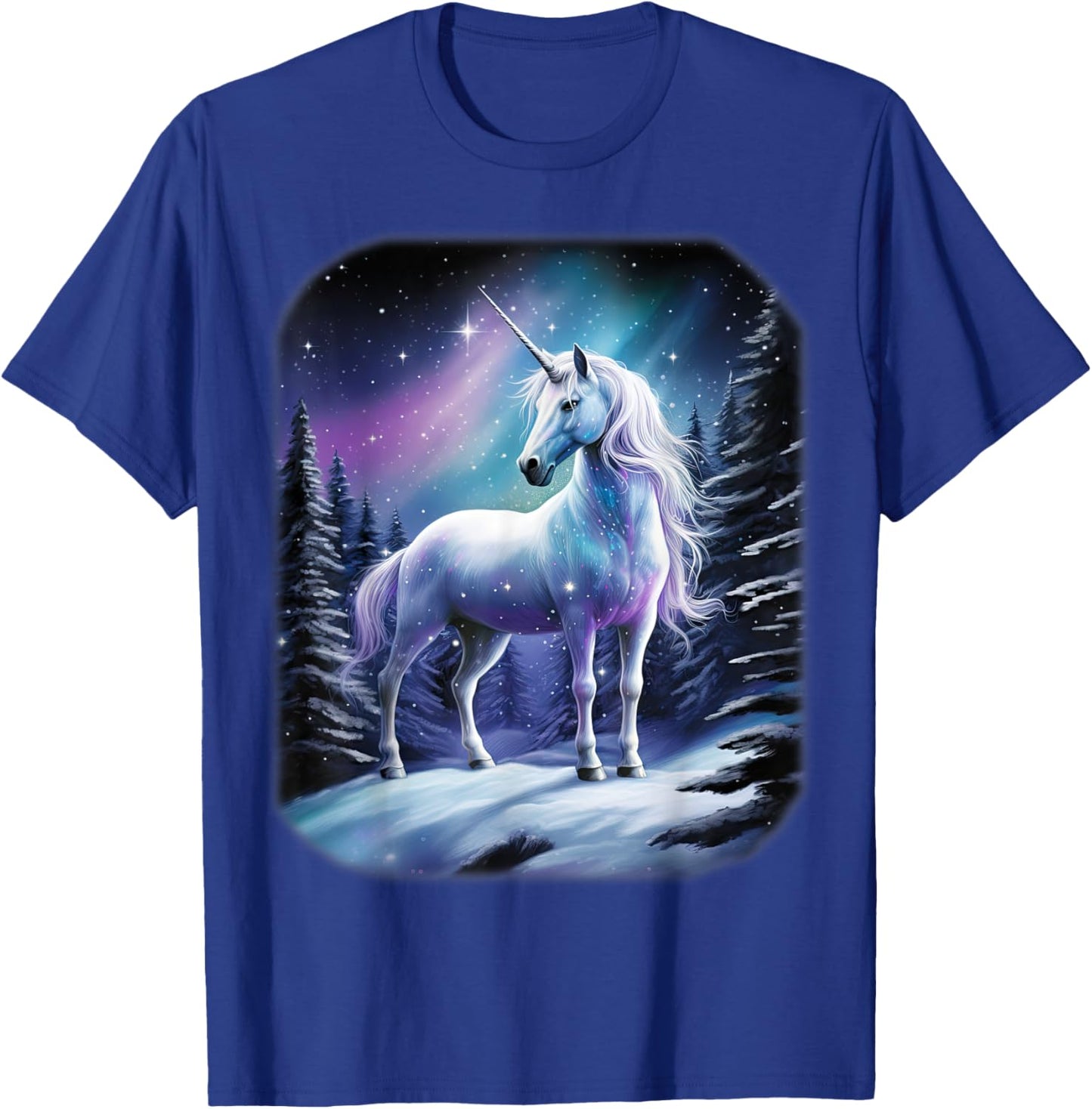 Fantasy white Unicorn standing in the snowy forest T-Shirt - T-Shirt | Royal