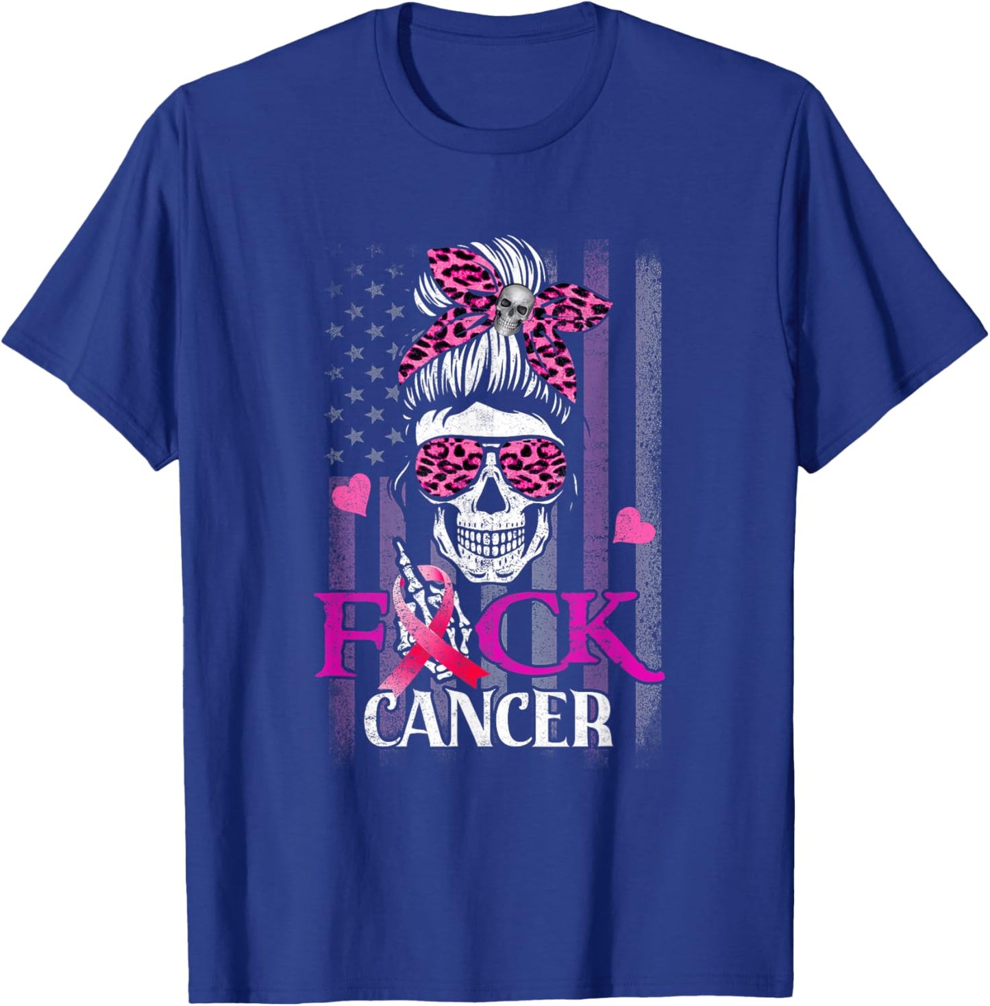 Messy Bun Skull Breast Cancer Awareness Fuck-Cancer USA Flag T-Shirt - T-Shirt | Royal