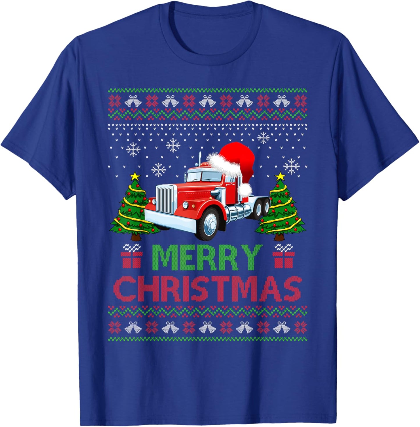 Merry Christmas Red Semi Truck Santa Hat Ugly Xmas Men Boys T-Shirt - T-Shirt | Royal