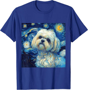 Maltese Dog Starry Night Vincent Van Gogh Painting T-Shirt - T-Shirt | Royal