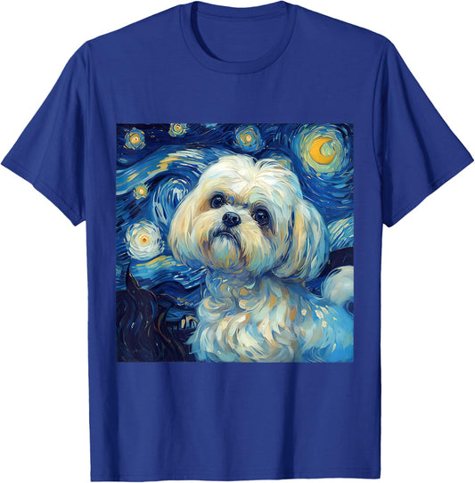 Maltese Dog Starry Night Vincent Van Gogh Painting T-Shirt - T-Shirt | Royal