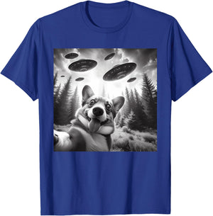 Corgi Dog Taking Selfie with UFOs Outer Space Alien Geeks Men Women Kids T-Shirt - T-Shirt | Royal