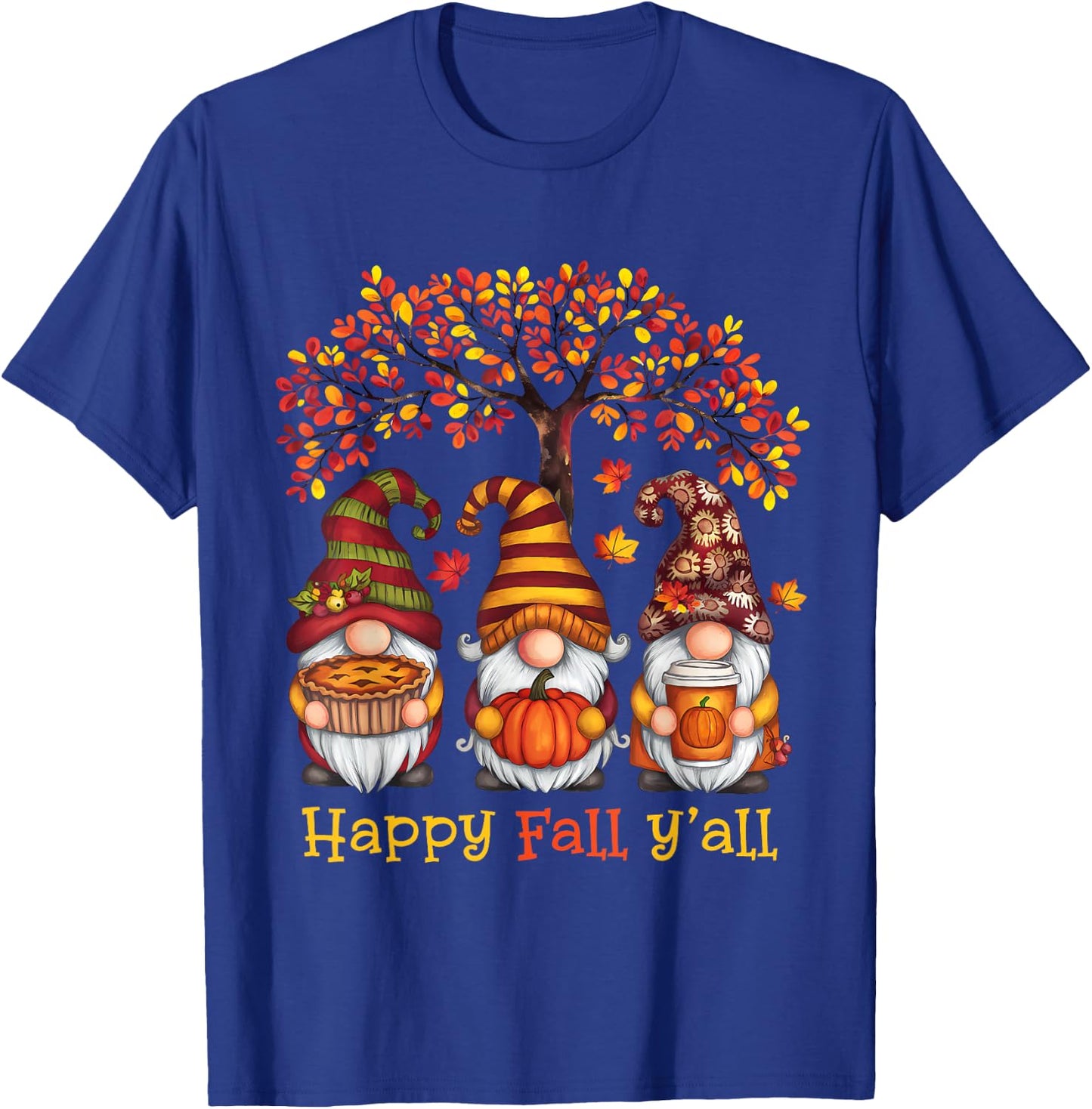 Happy Fall Autumn Leaves Pumpkin Garden Gnomes T-Shirt - T-Shirt | Royal