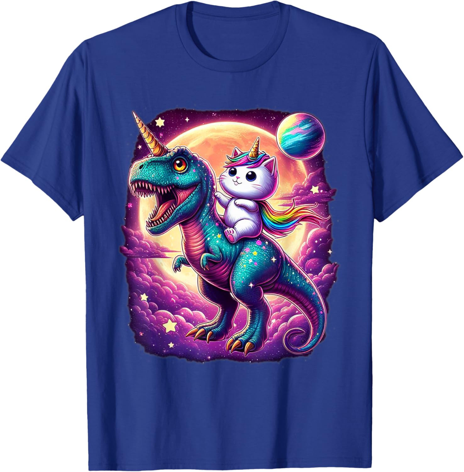 Cat Unicorn Riding Dinosaur T rex Kitten Lover Space Galaxy T-Shirt - T-Shirt | Royal