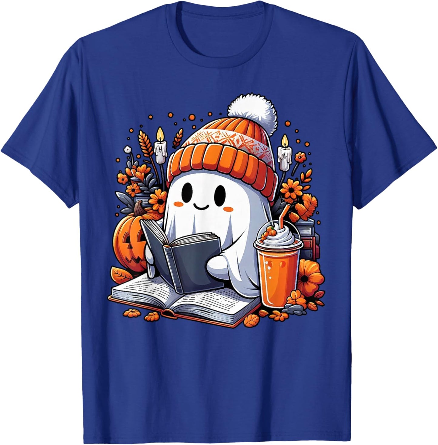 Ghost Drinking Coffee Book Reading Halloween Pumpkin Flower T-Shirt - T-Shirt | Royal