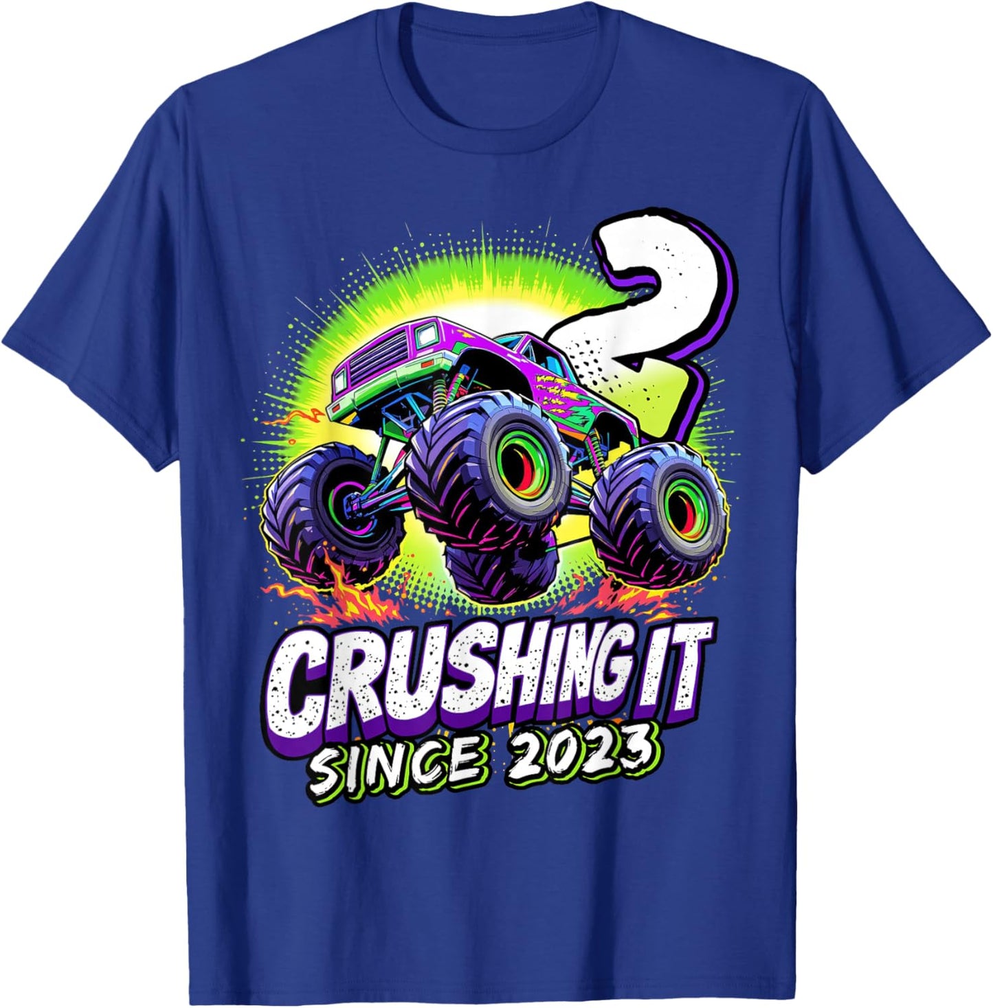 Birthday Monster Truck 2 Year Old Boys 2nd Party Born 2023 T-Shirt - T-Shirt | Royal