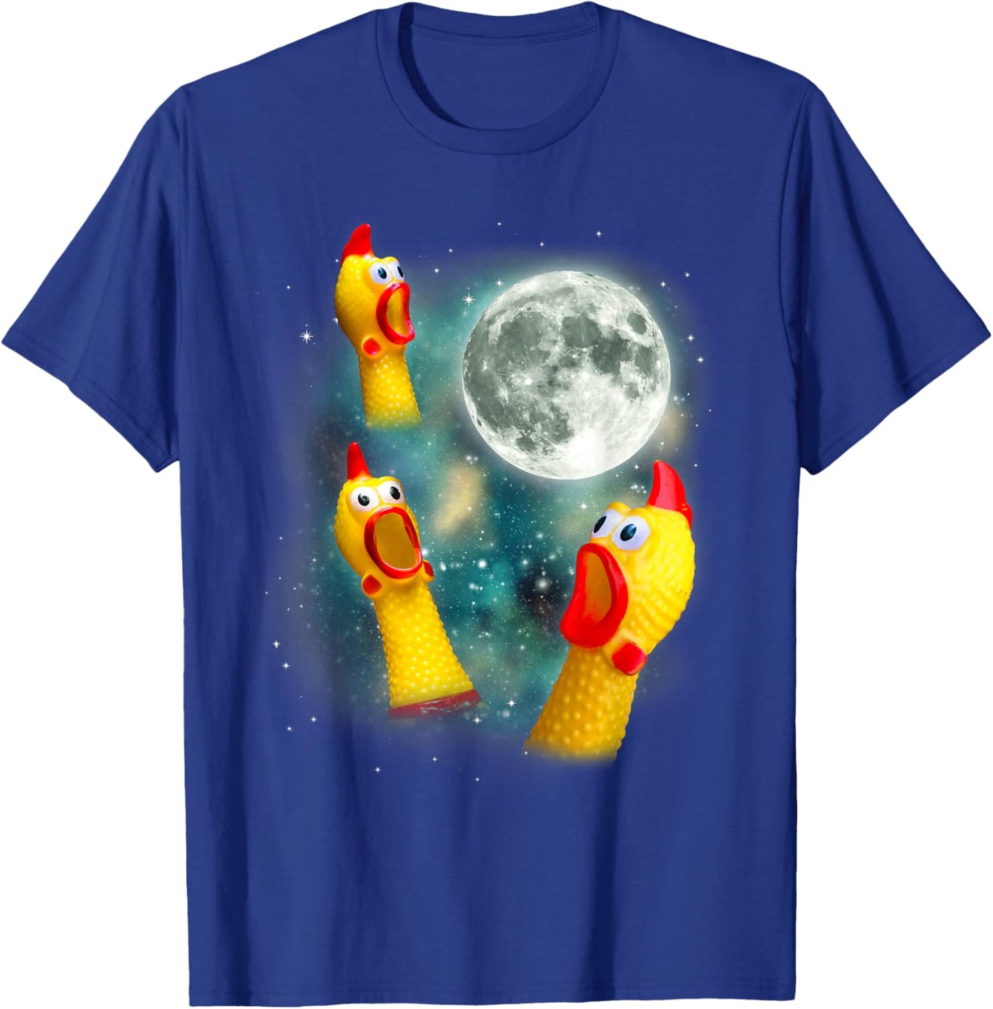 Three Rubber Chicken Moon Funny Screaming Fowl Cursed Joke T-Shirt - T-Shirt | Royal