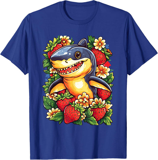 Shark Strawberries and Flowers Graphic Cute Shark T-Shirt - T-Shirt | Royal