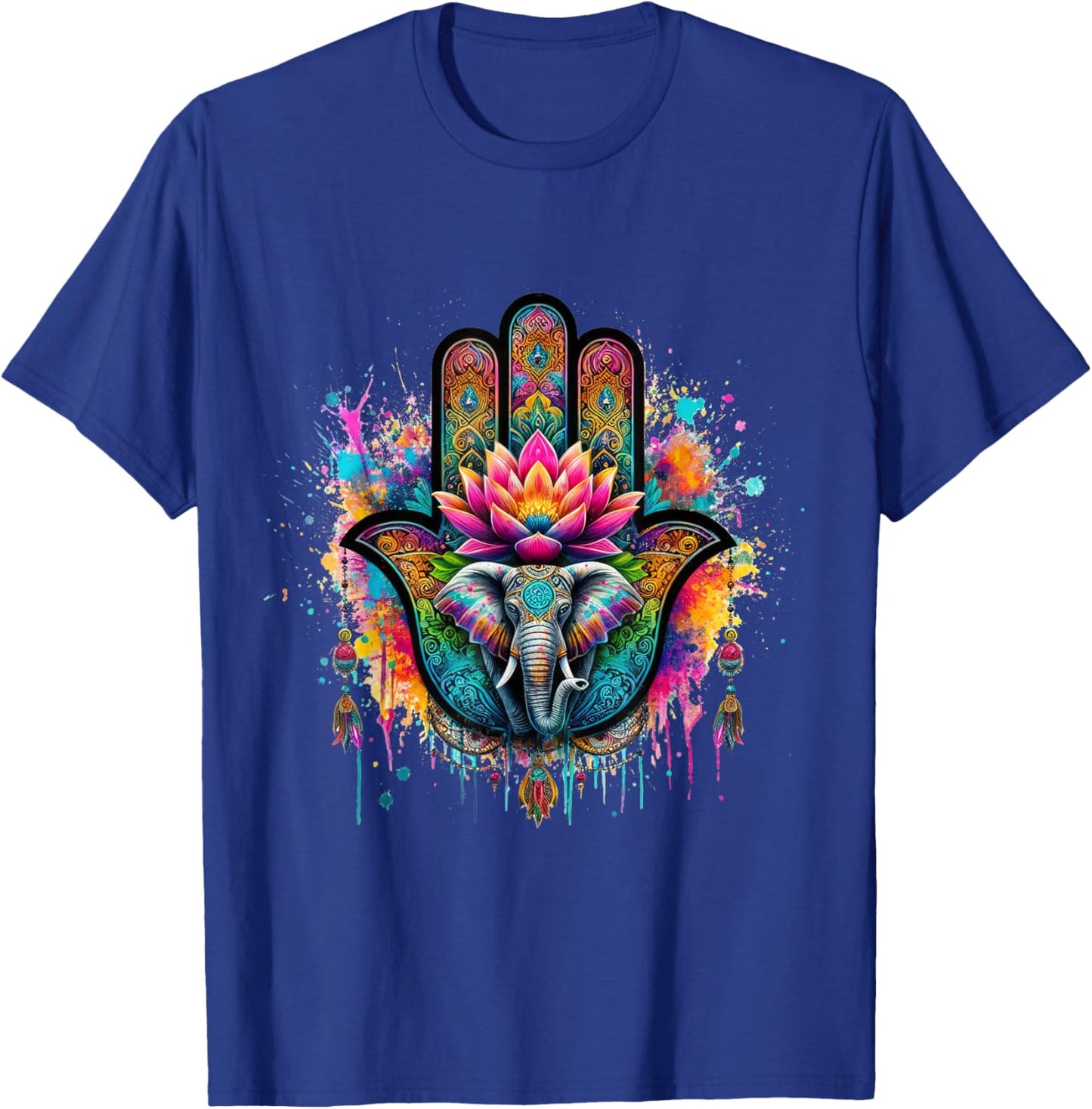 Beautiful Hamsa Hand Colorful Art with Elephant and Lotus T-Shirt - T-Shirt | Royal