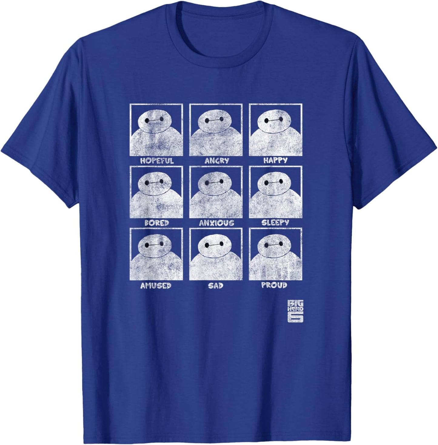 Disney Big Hero 6 Baymax Many Emotions Panels Distressed T-Shirt - T-Shirt | Royal