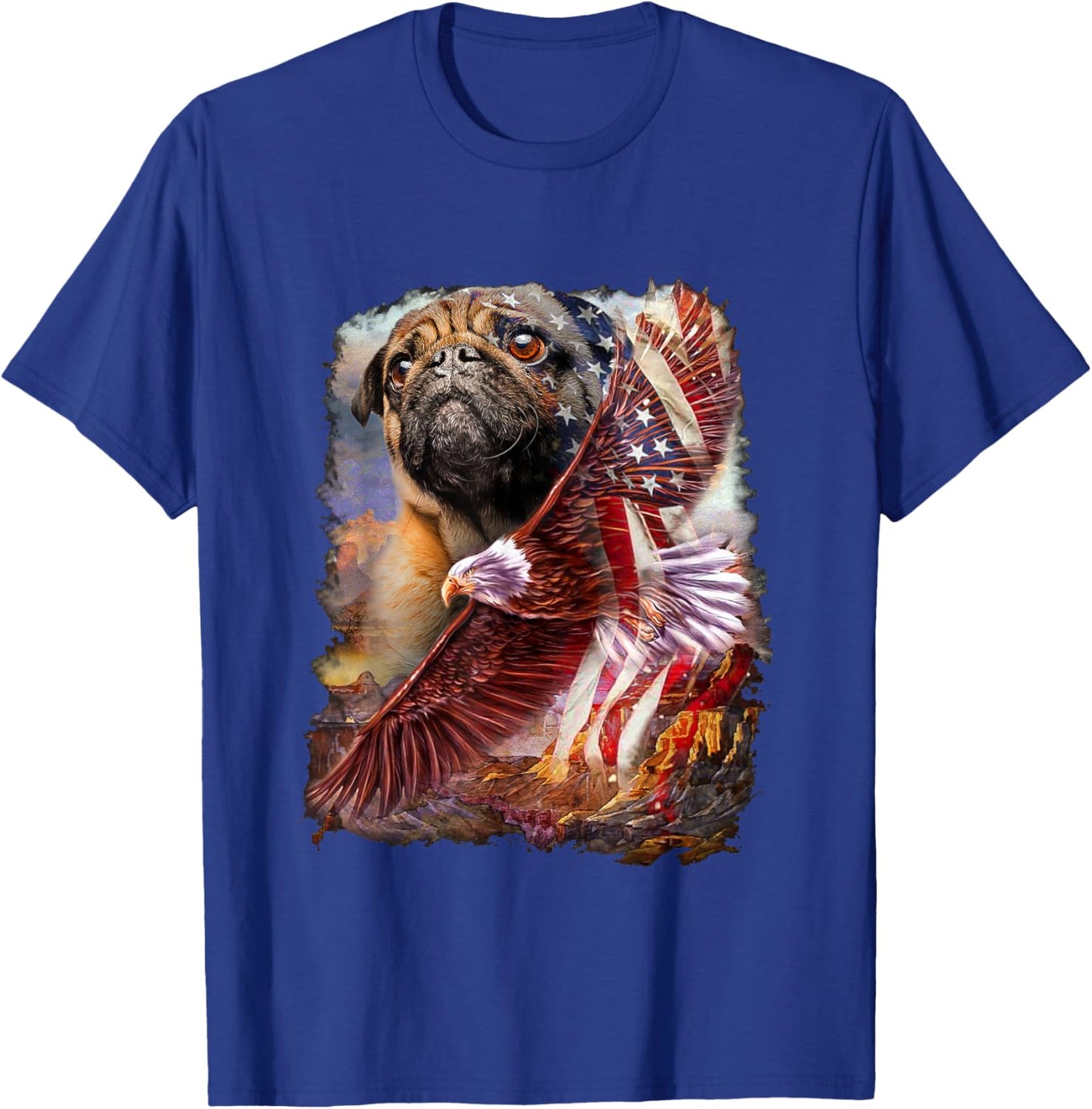 Pug with bald eagle american flag T-Shirt - T-Shirt | Royal