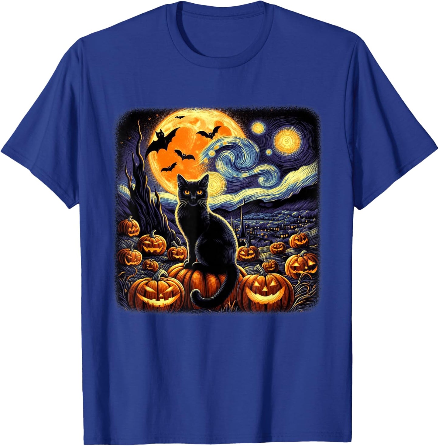 Van Gogh Cat Starry Night Cat Halloween Pumpkin Cat Lovers T-Shirt - T-Shirt | Royal