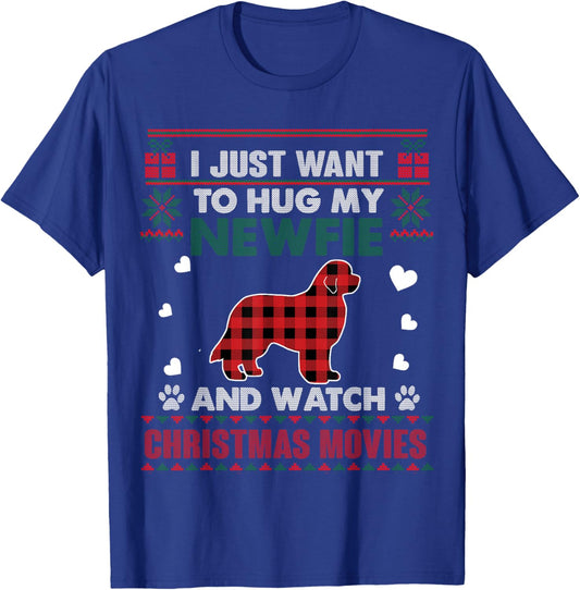 Newfie Dog Owner Christmas Movies Pajama Xmas Ugly Sweater Women Kids T-Shirt - T-Shirt | Royal