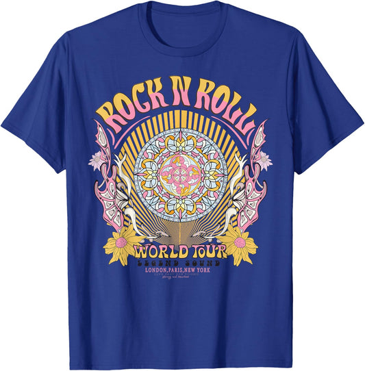 Vintage Retro Aztec Round Motif Mandala Flower Rock & Roll T-Shirt - T-Shirt | Royal