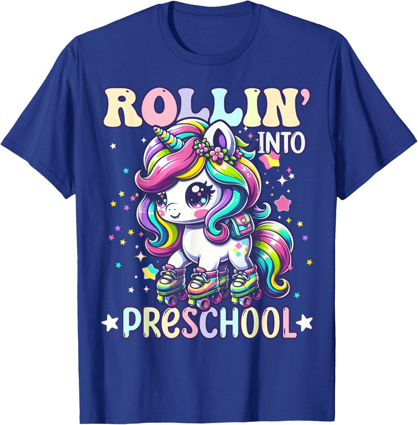 Preschool Back To School First Day Girls PreK Rollin Unicorn T-Shirt - T-Shirt | Royal