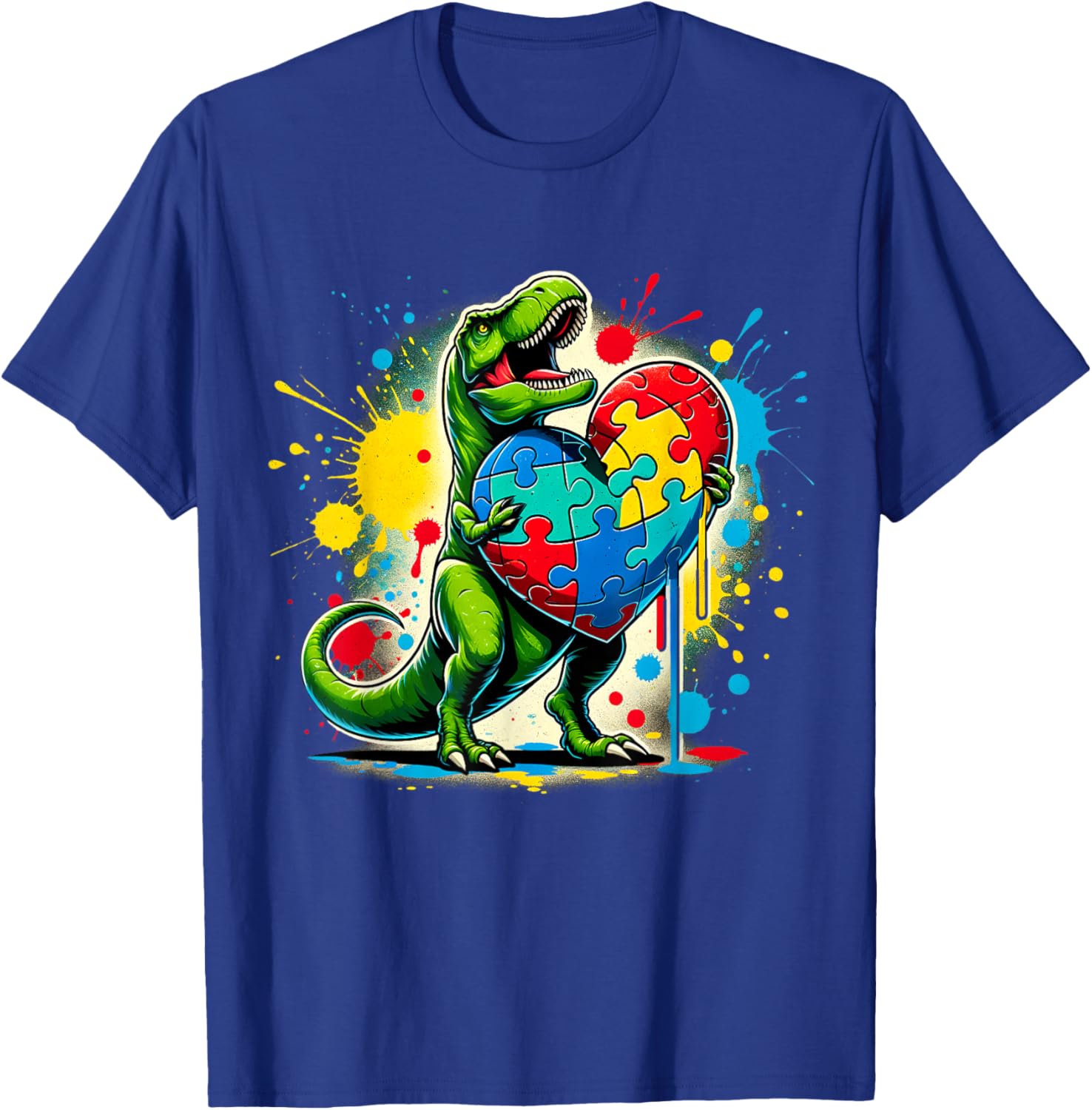 Boys Kids Autism Awareness Funny T Rex Dinosaur Puzzle Piece T-Shirt - T-Shirt | Royal