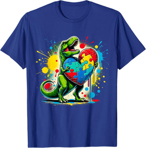 Boys Kids Autism Awareness Funny T Rex Dinosaur Puzzle Piece T-Shirt - T-Shirt | Royal