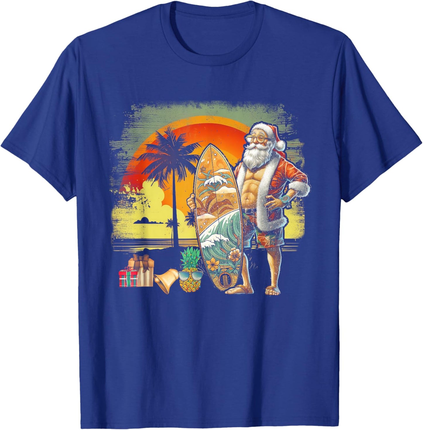 Tropical Summer Surfing Santa Claus 6 Pack Christmas In July Men Women T-Shirt - T-Shirt | Royal